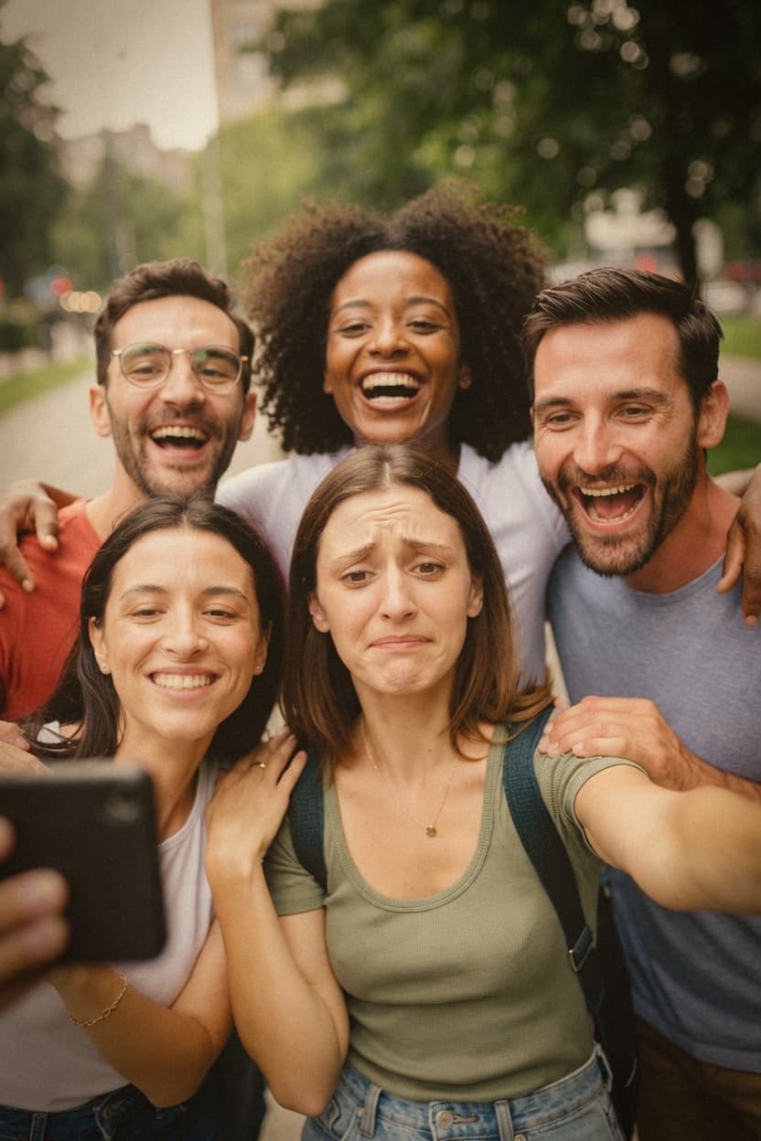 A group selfie — one friend quietly struggling behind the smiles