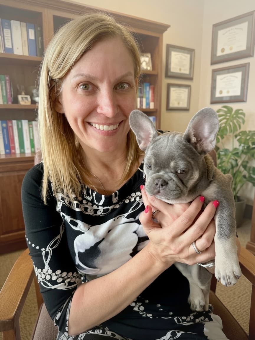 Valerie in her office with Luna, her certified therapy dog